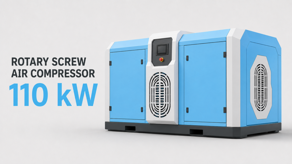 Compresseur d’air à vis à fréquence variable, à aimants permanents, refroidi par huile et par air, de 110 kW