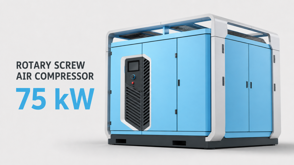 Compresseur d’air à vis à fréquence variable, à aimants permanents, refroidi par huile et par air, de 75 kW