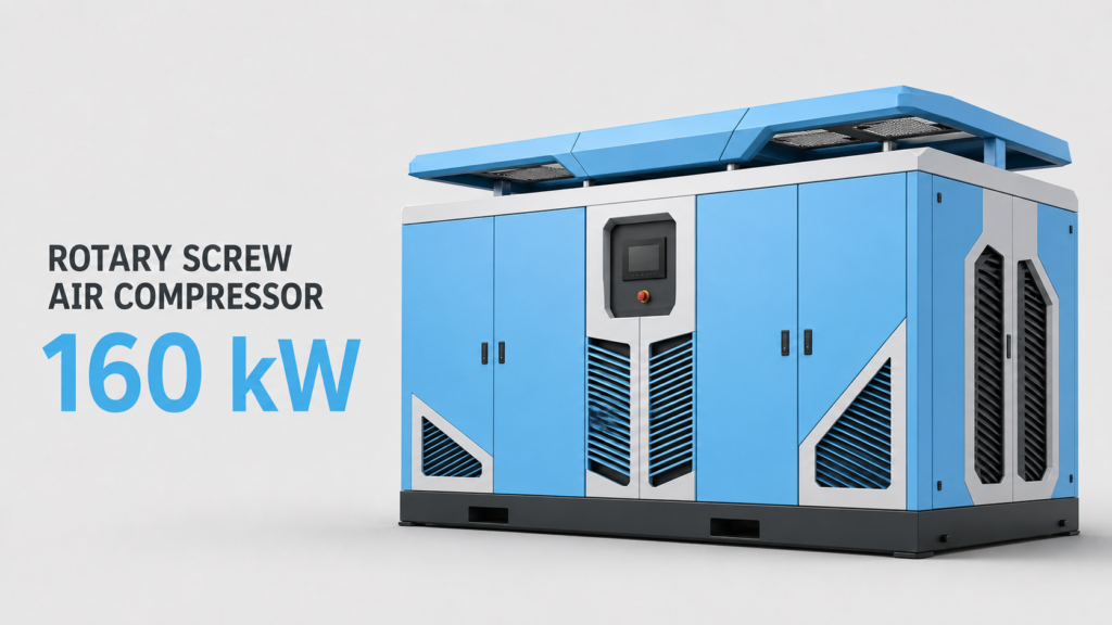 Compresseur d’air à vis à fréquence variable et à aimants permanents, refroidi par huile et par air, de 160 kW